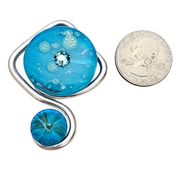 Jeff Lieb Blue Flat Bead Modern Clip On Earrings Rivoli Rhinestone, Signed - Picture 5 of 8